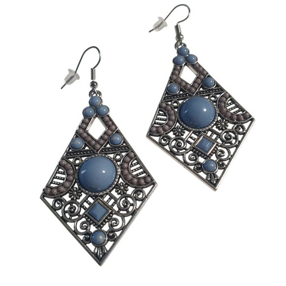 Silver Tone Filigree Dangle Earrings Blue Accents Geometric Boho Beach Core - Picture 2 of 4